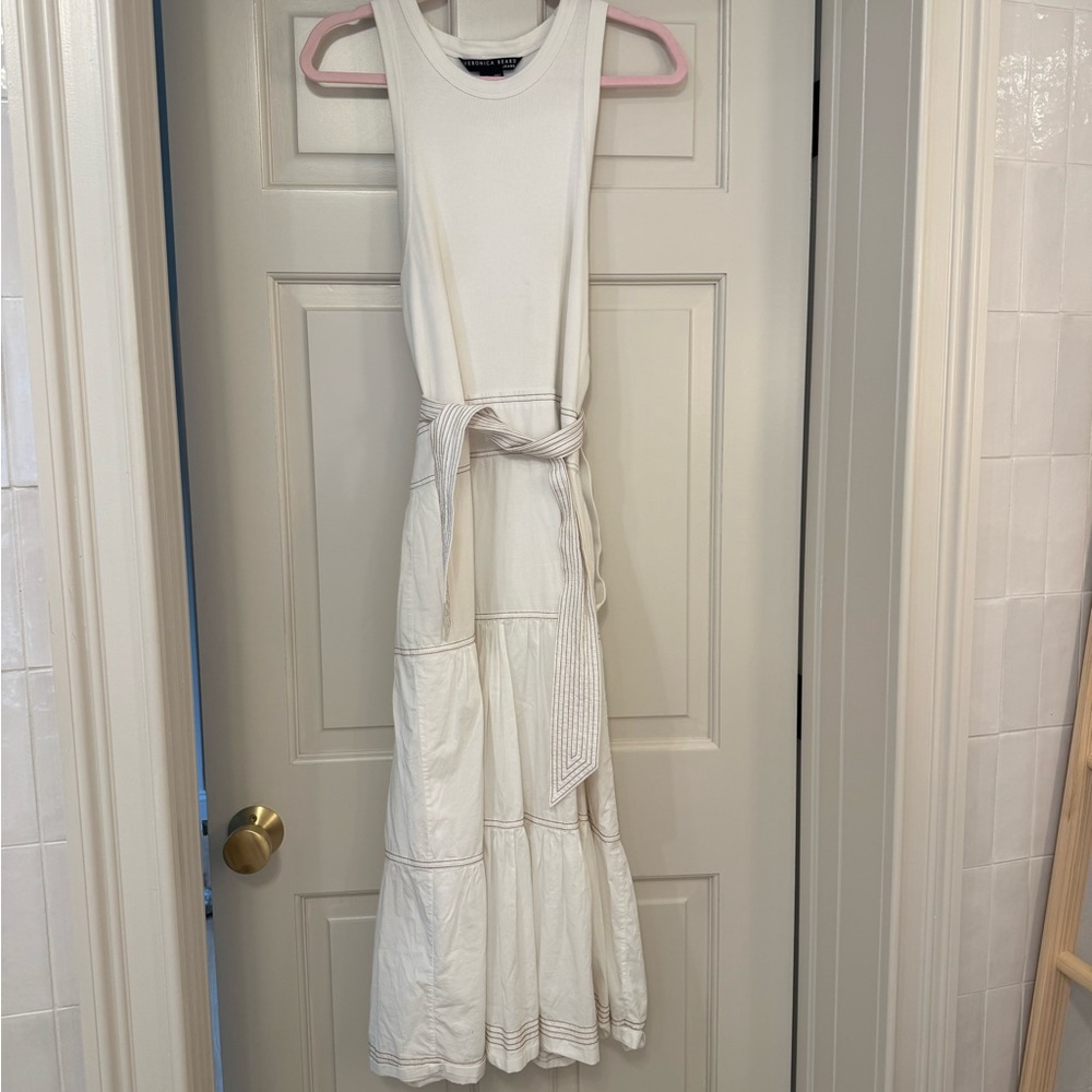 Veronica Beard White Sleeveless Midi Dress with Tie Waist